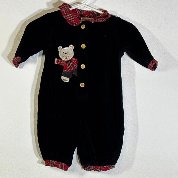 Bright Future Baby Sz 0-3M Black Velvet One Piece Romper Red Black Plaid Collar - Picture 1 of 4